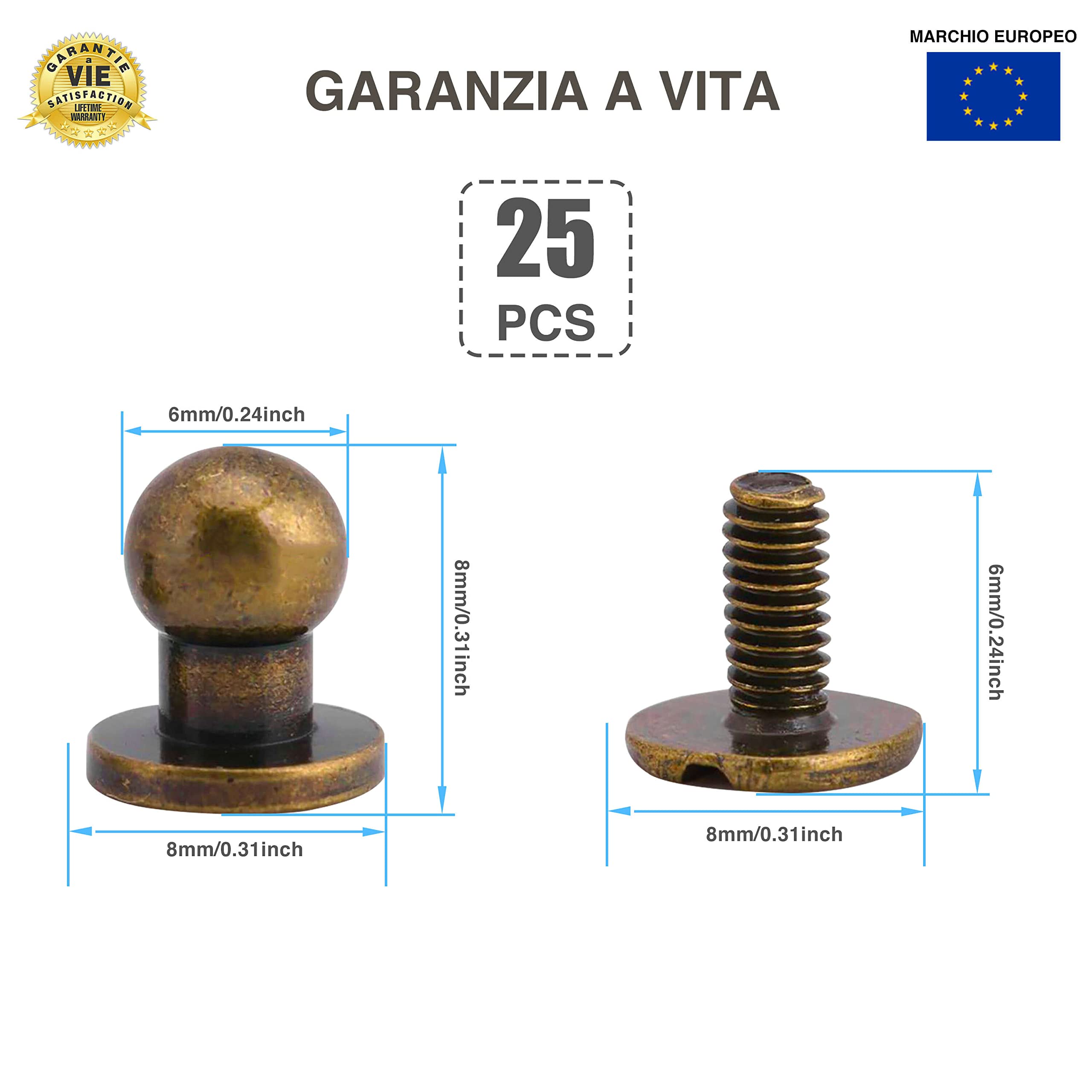 Rivetti in Pelle 6x8mm Vite Tubolare in Bronzo Bottoni a Pressione Confezione da 25