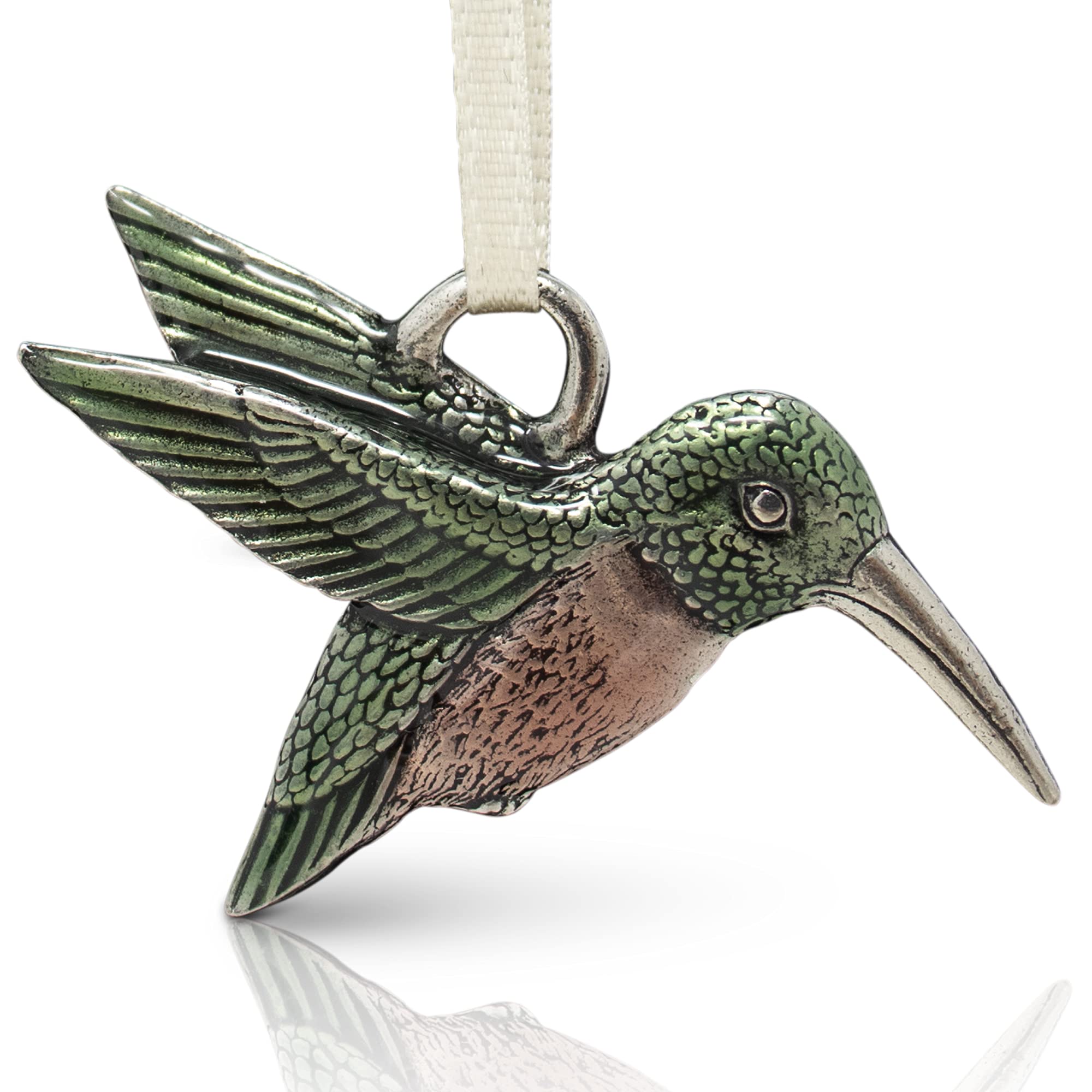 Danforth Hummingbird Ornament for Christmas Tree – Handcrafted Pewter Bird Ornaments for Christmas Tree – Satin Ribbon, 1 ¼” Tall by 2” Wide, Made in USA