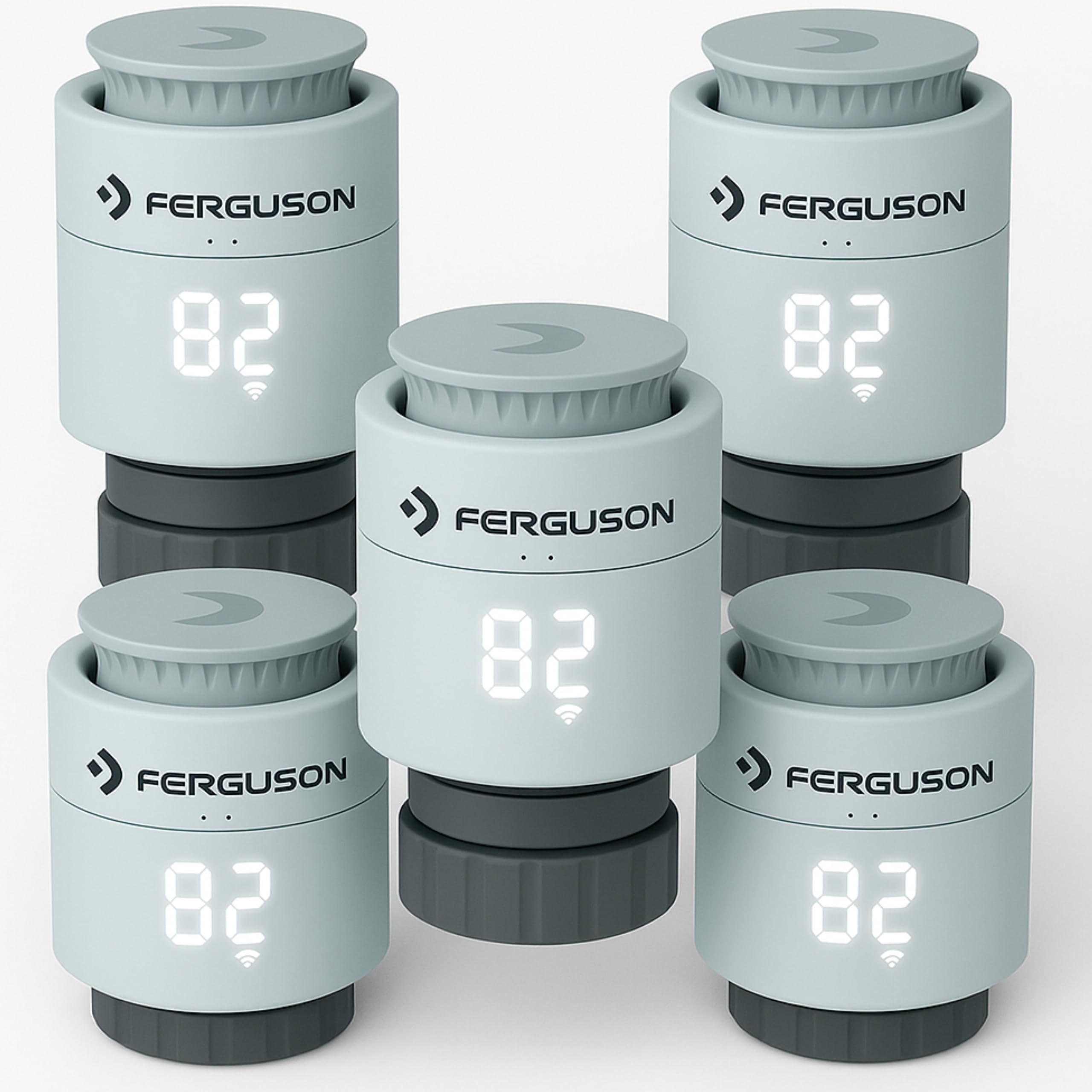 Ferguson 5X Smart Thermostatkopf ZigBee – Heizkörperthermostat programmierbar mit App Steuerung, Funkthermostat für Smart Home Set kompatibel mit Home Connect System