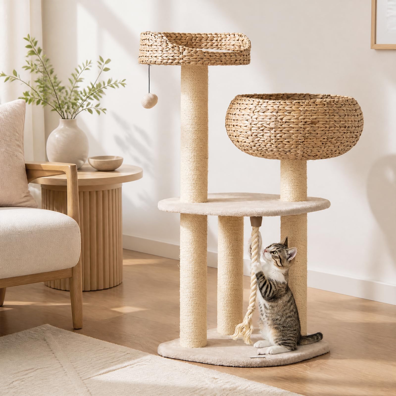 PETSITE 41 Inch Modern Cat Tree for Indoor Cats, Multi-Level Cute Cat Tree with Scratching Posts, Hand-Made Wicker Cat Condo & Top Perch, Dangling Ball, and Sisal Rope, Beige