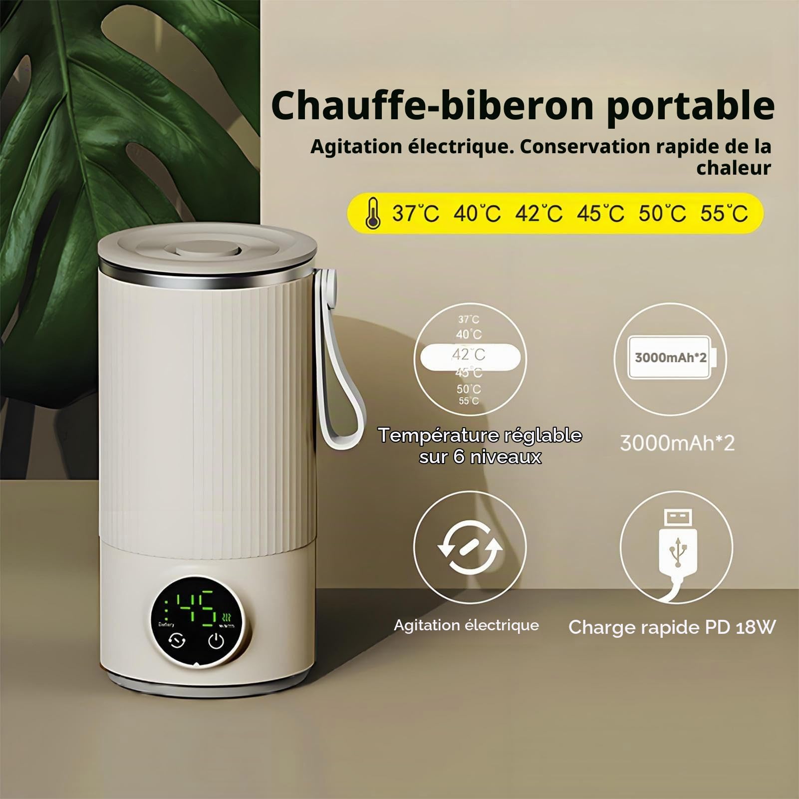 400 ml Chauffe Biberon Nomade, chauffe-biberon de voyage rechargeable par USB avec batterie de 6000 mAh, agitateur intégré, température réglable, chauffage rapide pour le lait maternel, le café