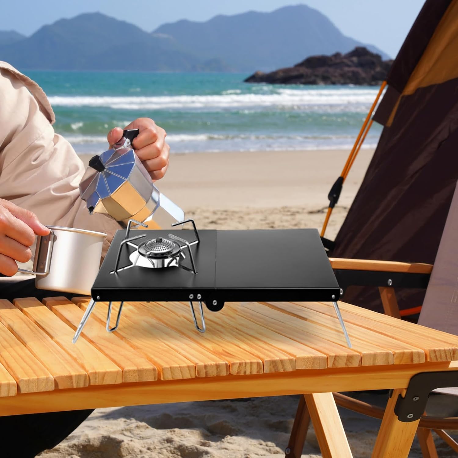 Collapsible Camping Stove Stand, Stainless Steel Heat Resistant Black Table image 5
