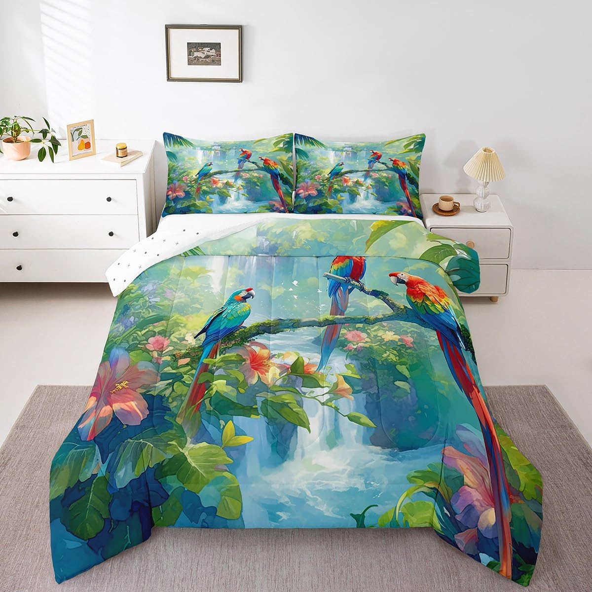 jejeloiu Parrot Comforter Set Full Size Kids Blossom Flowers Floral Pattern Bedding Set for Boys Girls Woodland Tree Branch Bird Animals Nature Theme Duvet Quilt Room Decor