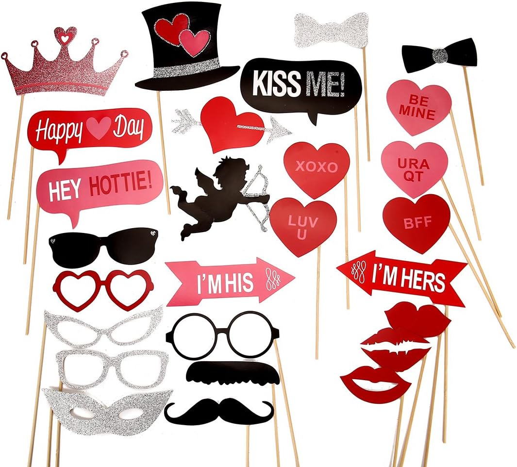 Valentine's Day Photo Booth Props - Party Supplies Wedding Decorations - Mustaches Lips Hearts Glasses Crown Ornaments