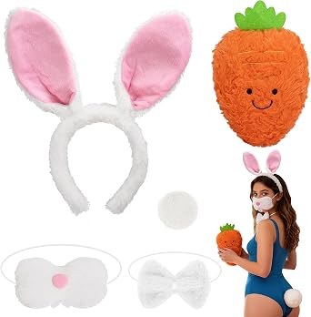 Easter Bunny Carrot Costume Set,Bunny Ears Headband Nose Tail Bow Tie,Easter Bunnies Accessory Outfit for Adult