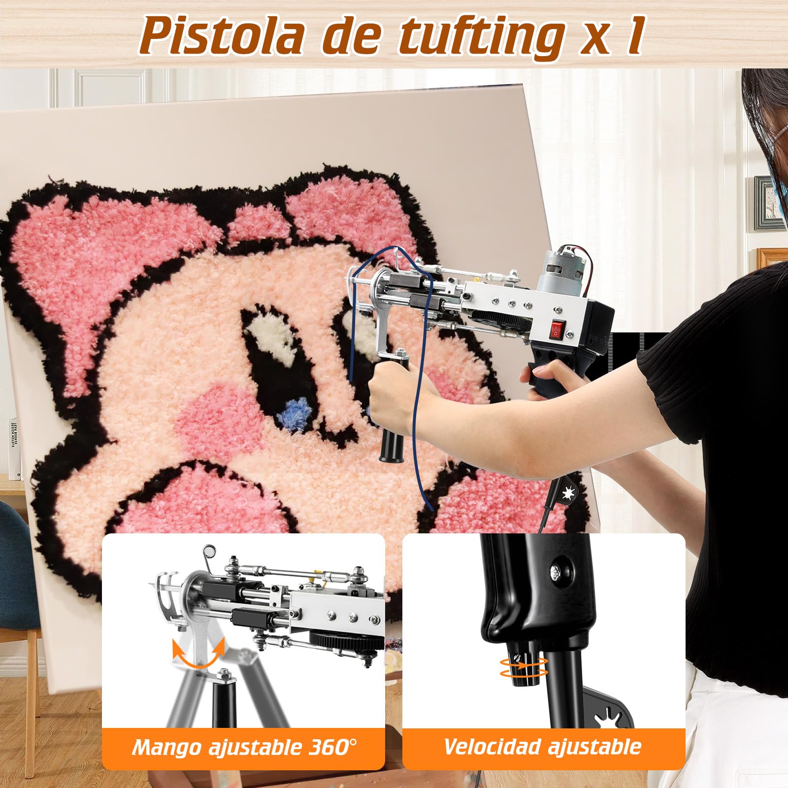 BESGEER 2024 Kit de Inicio de Pistola para Tejer Alfombras con Marco y Cortacarpetas, Kit de Tejer Alfombras de Pileta de Corte y Anillo 2 en 1, Kit Completo de Pistola para Teje(Negro)