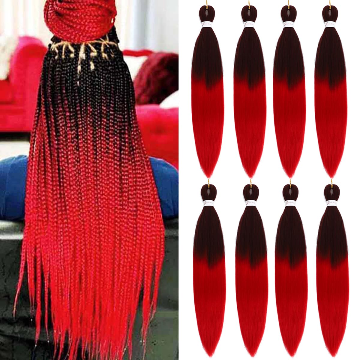 Ombre Red Braiding Hair Pre Stretched 26 Inches Ombre Red 8 Packs/Lot Braid Hot Water Setting Professional Synthetic Braiding Hair for Crochet Hair