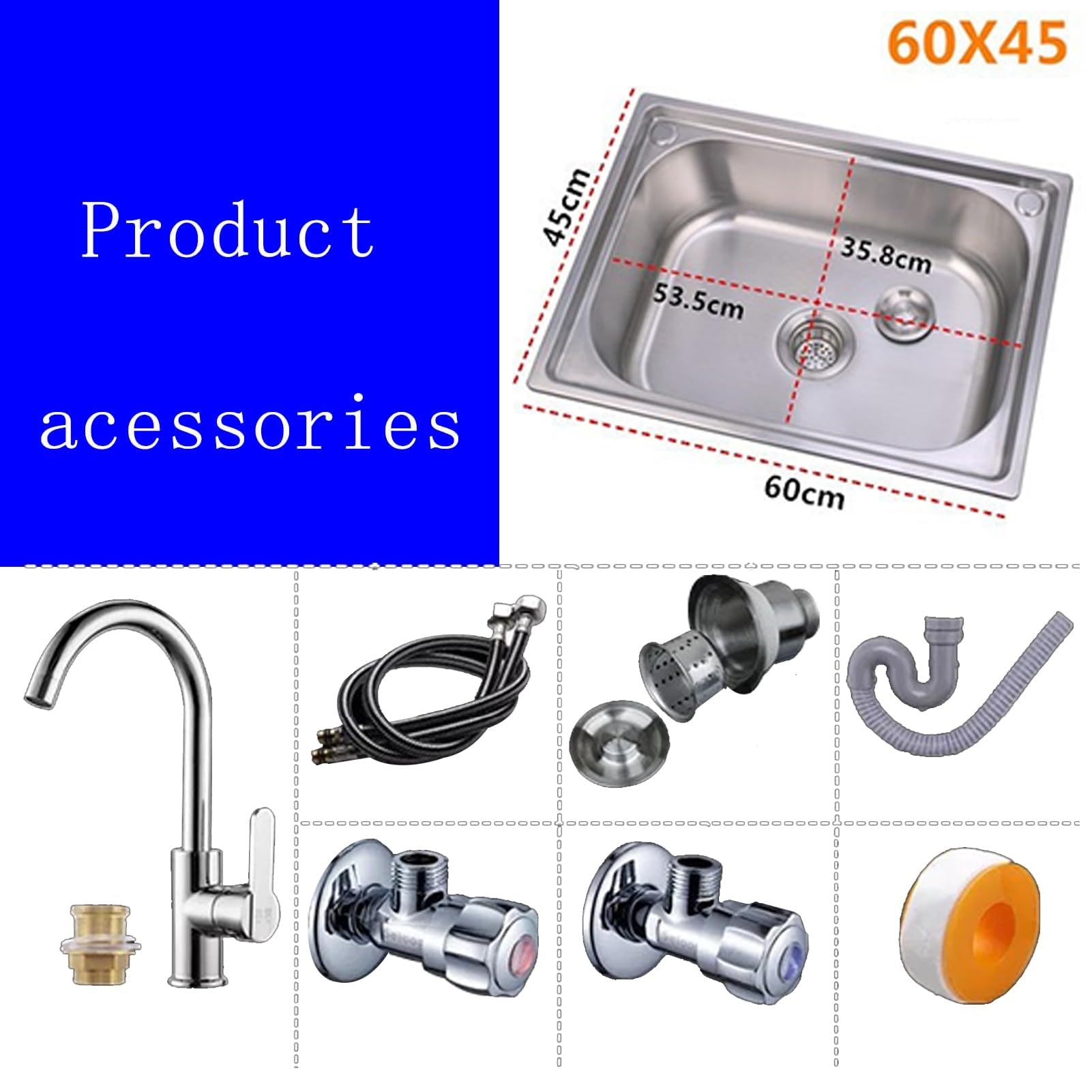 SDdPulse Lavello da cucina in acciaio inox - Lavabo a vasca singola con rubinetto dell'acqua calda e fredda, filtro di scarico e tubi di ingresso, monocolore, 60 x 45 cm