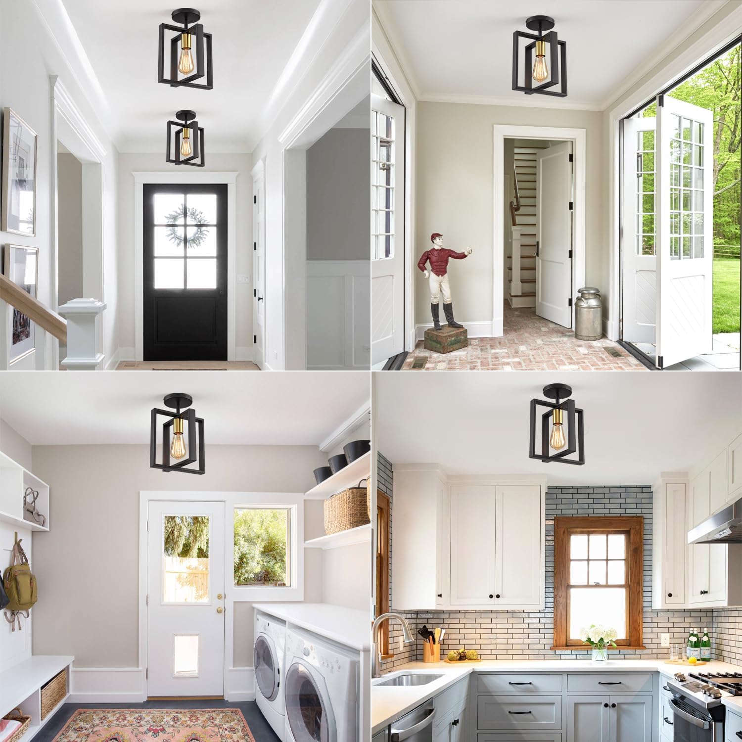 2 Pack Semi Flush Mount Ceiling Light,Black Metal Frame Ceiling Light Fixture with Golden Lamp Cup, Farmhouse Light Fixture for Kitchen Island Entryway Porch Foyer