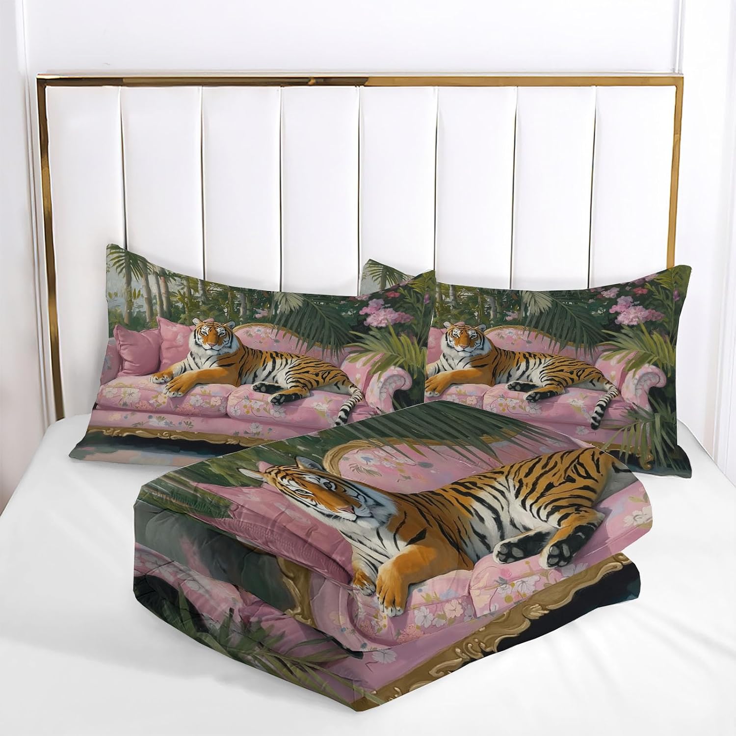 Kids 90" x 90" Coverless Duvet for All Seasons, Reversible Washable 3 Quilt with Watercolor Tropical Palm Leaves Patterns, Green Comforter with 2 Pillowcases 50x75cm, Queen