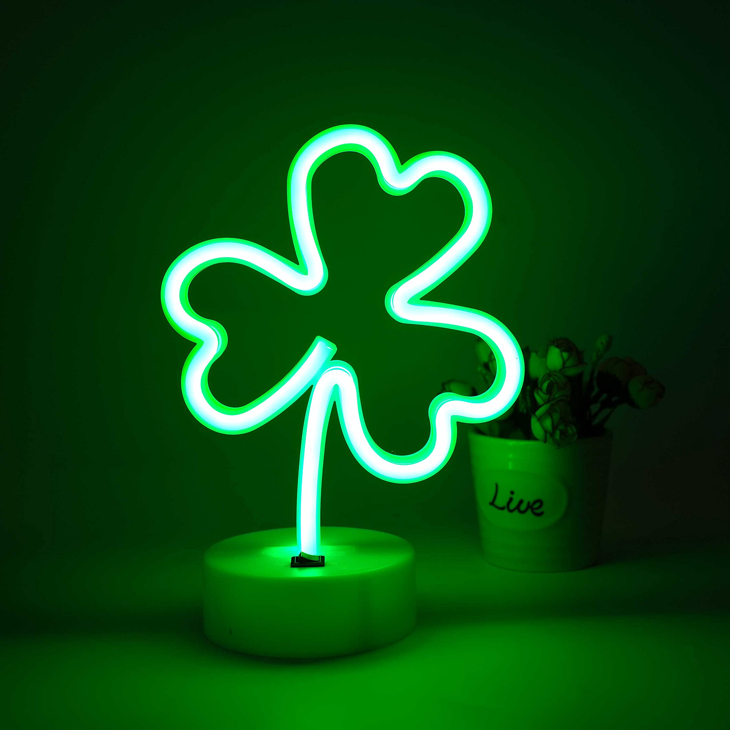 Neon Sign Shamrock Shaped St. Patric's Day Night Light, LoveNite USB &amp; Battery Operated Green Clover Glowing Neon Decorative Irish Shamrock Light Table Decor for Room Party Decorations (3-Clover)