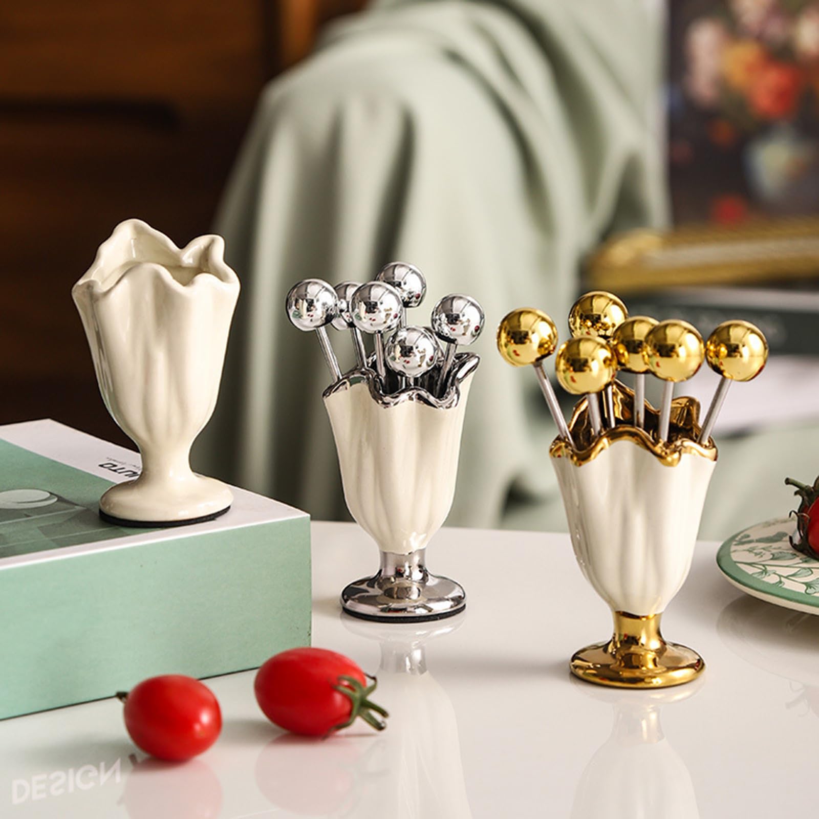 Set di 6 Forchette da Frutta con Supporto in Ceramica, Mini Forchette di Lusso in Acciaio Inossidabile per Dessert, Antipasti, Frutta e Dolci,White 1