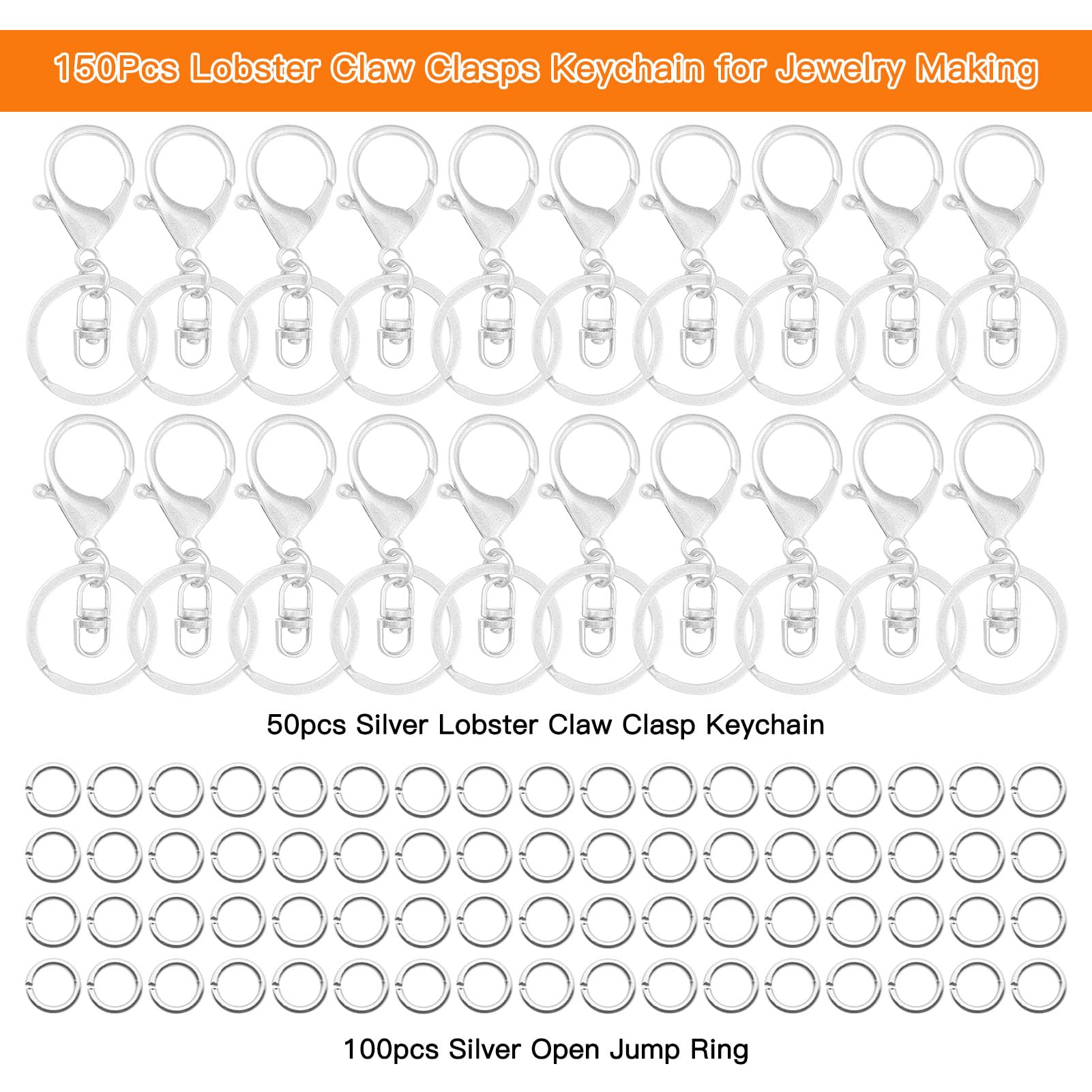 50pcs Lobster Claw Clasps Keychain for Jewelry Making,Metal Lobster Clasp with Flat Split Keychain Ring with Swivel Trigger Clip and 100pcs Open Jump Ring for DIY Key Chain Accessories(Silver)