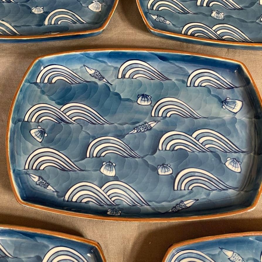 Amazon | 古伊万里の伝統 舘林源右衛門作 染付波貝紋 長角皿揃い