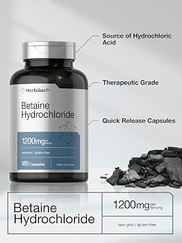Horbaach Betaine HCl 1200mg | 180 Capsules | Betaine Hydrochloride Supplement | Non-GMO, Gluten Free