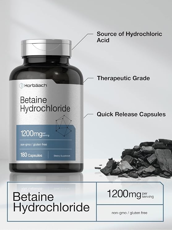Horbaach Betaine HCl 1200mg | 180 Capsules | Betaine Hydrochloride Supplement | Non-GMO, Gluten Free