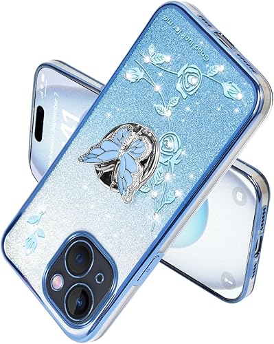 Miniatura 7 de Funda protectora para Apple iPhone 14 (6.1 pulgadas), para mujeres y niñas, funda protectora de TPU con diseño floral de mariposa con purpurina y