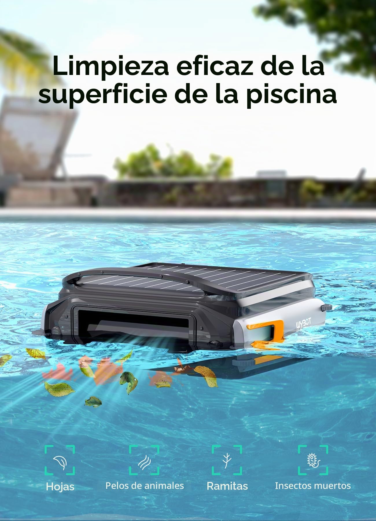 WYBOT F1 Skimmer Piscina con Energía Solar Y Batería, Limpia La Superficie del Agua Automáticamente, App Inteligente, Funciona 24h, para Toda Piscina-Robot Piscina Sin Cables,Naranja Oscuro