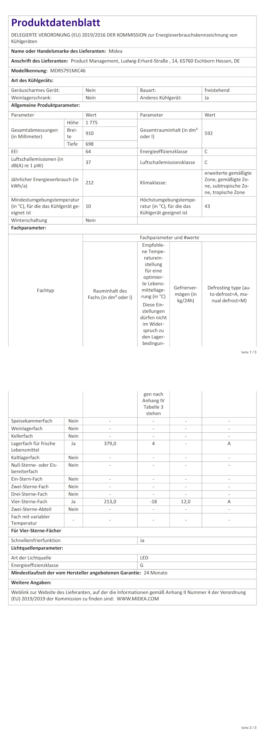 Midea Side-by-Side Kühl-Gefrierkombination 592 L No Frost WiFi-Steuerung Inverter-Kompressor 37 dB 212 kWh/Jahr 177,5 cm Multi-Air-Flow Humidity Control SuperCool MDRS791MIC46