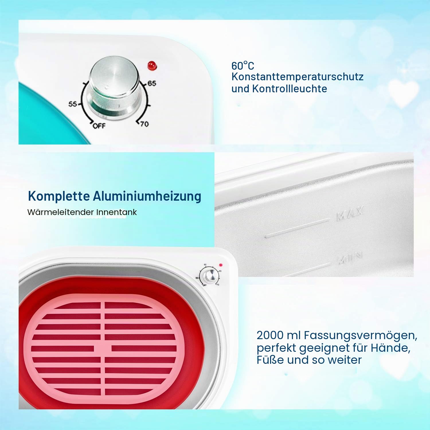 Paraffinbad für Hände und Füße, Professioneller Schnellheiz-Wachserwärmer 265W 2000mL mit 4x200g Paraffinwachs und Zubehör Blau-Weiß
