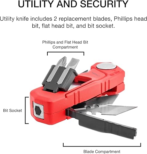 Miniatura 3 de NEIKO 00678A - Cuchillo multiusos plegable 4 en 1, herramienta para cortar cajas y pelacables  Soporte para brocas hexagonales  Compartimentos de