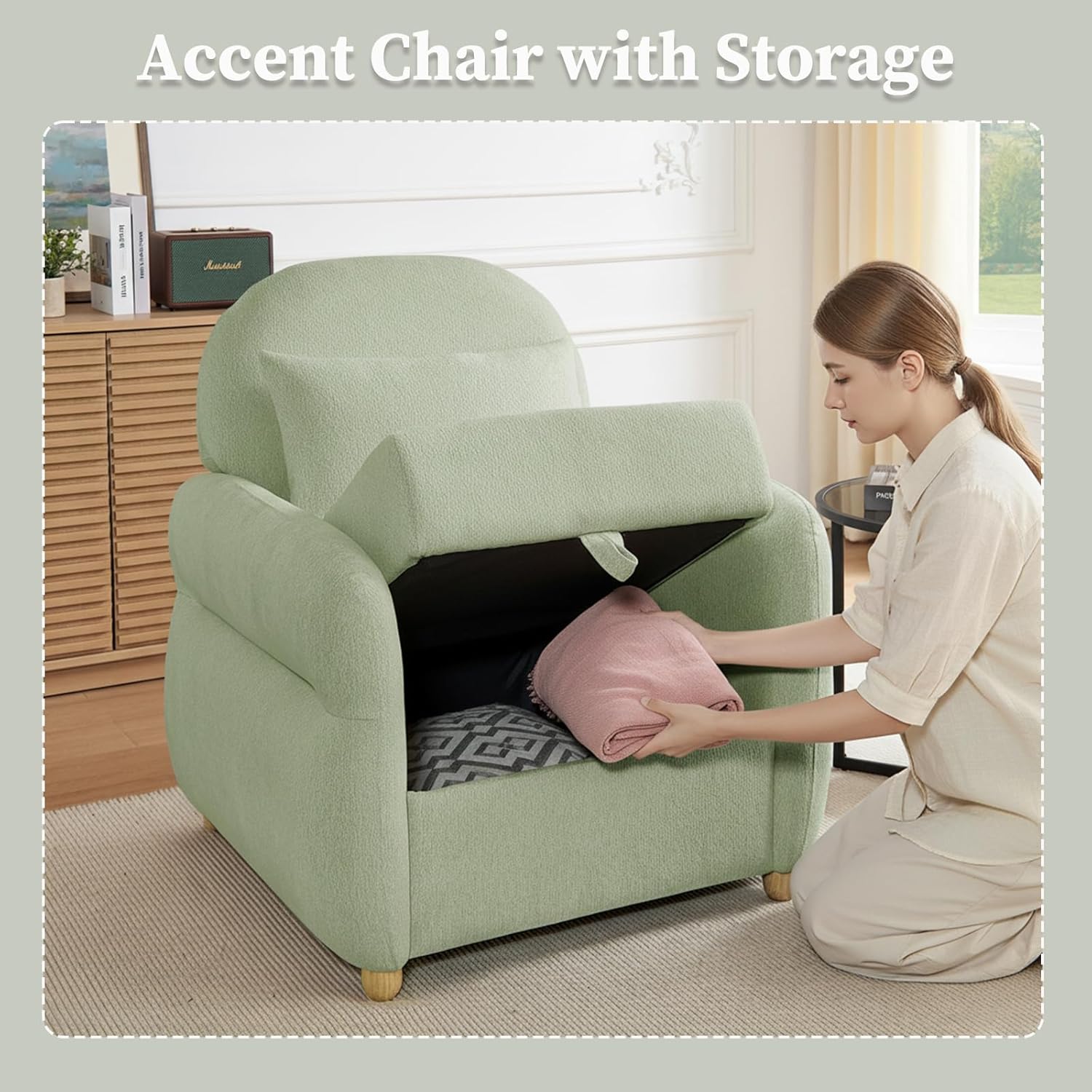 Modern Accent Chair for Living Room, 33.5" W Comfy Chenille Armchairs with Storage, Single Reading Chairs for Bedroom, Study Room, Apartment, Tool Free Assembly, Sage Green