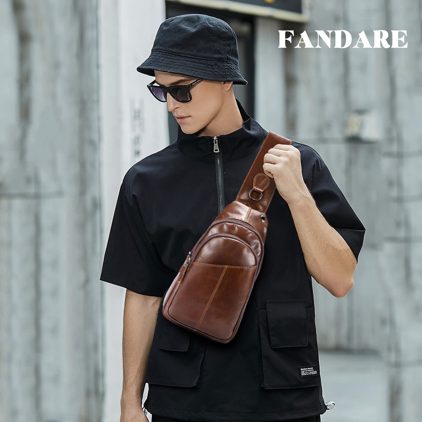 FANDARE Retrò Zaino Monospalla Zaino Spalla Impermeabile Pelle Borsa a tracolla Uomo Affari Sling Bag Borsello a tracolla per Trekking Ciclismo Viaggio Borsa della palestra Marrone