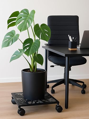 Miniatura 9 de Paquete de 2 cestas cuadradas de metal de 12 pulgadas con ruedas, soporte grande para plantas rodantes para interiores y exteriores, carrito con