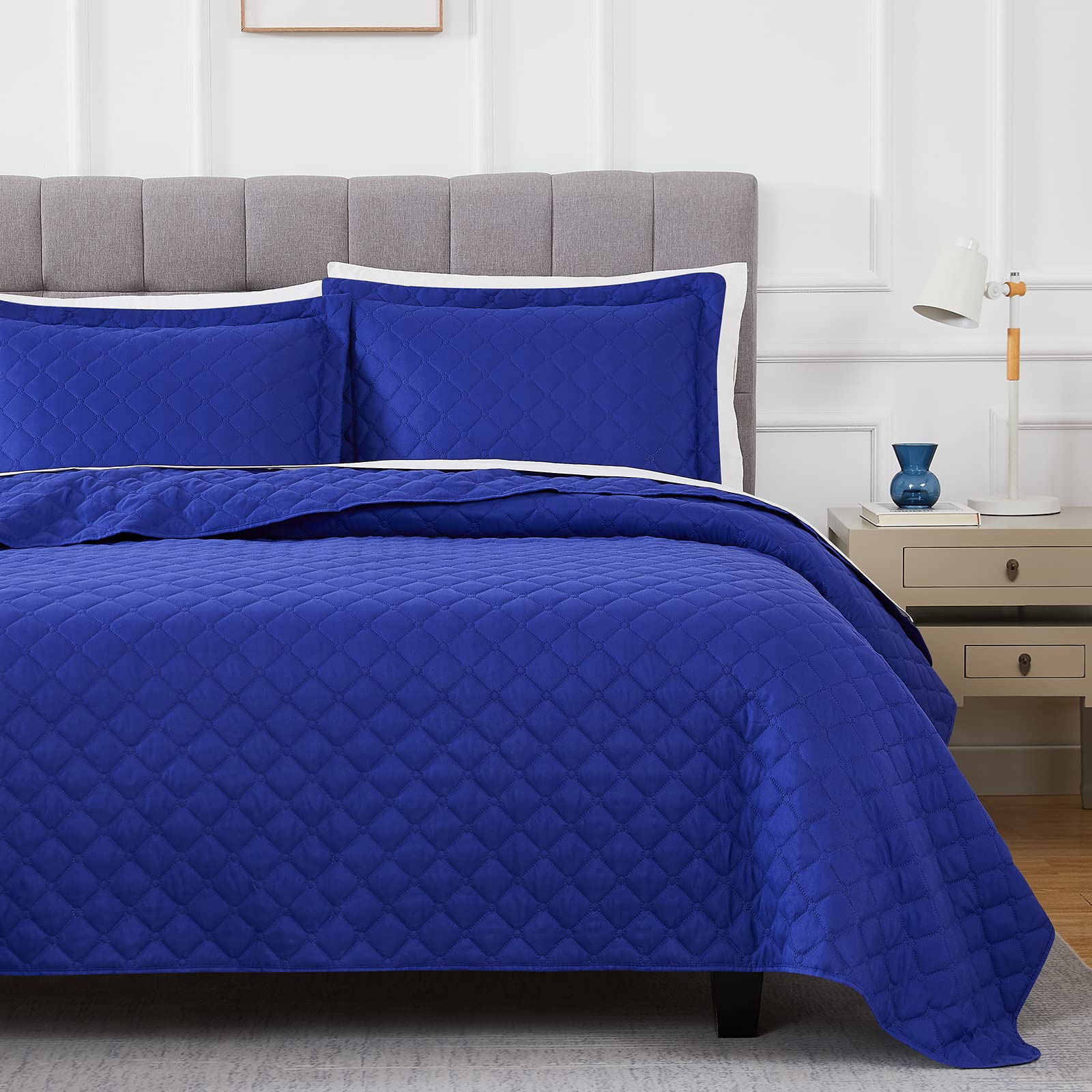 Shanghan Home King Size Quilt, 3 Piece Navy Blue Bedspread & Coverlet