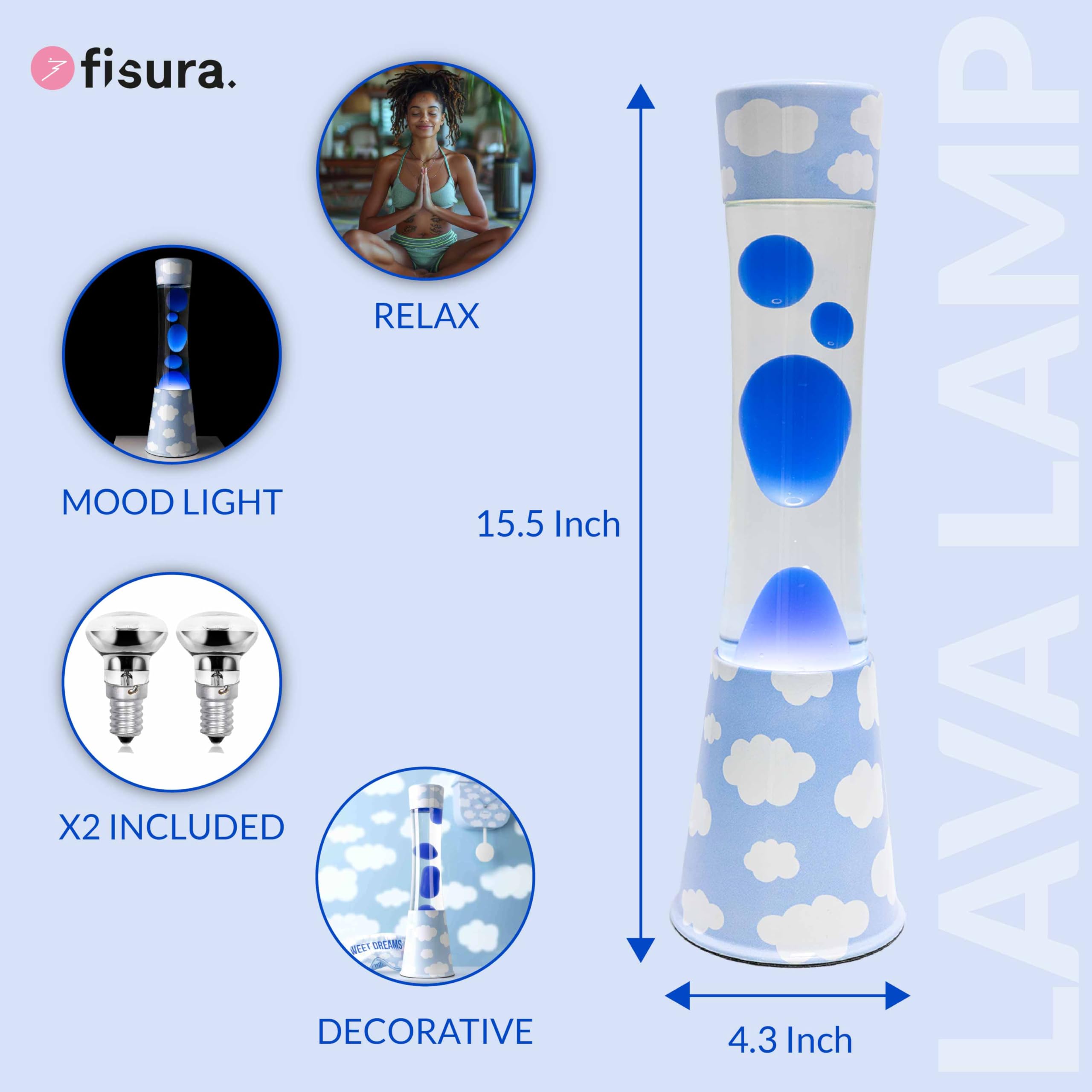 Fisura - Lampa lawa "chmury". Podstawa z nadrukiem chmur, przezroczysty płyn i niebieska lawa. Relaksujący efekt. Z zapasową żarówką. 11 cm x 11 cm x 39,5 cm.