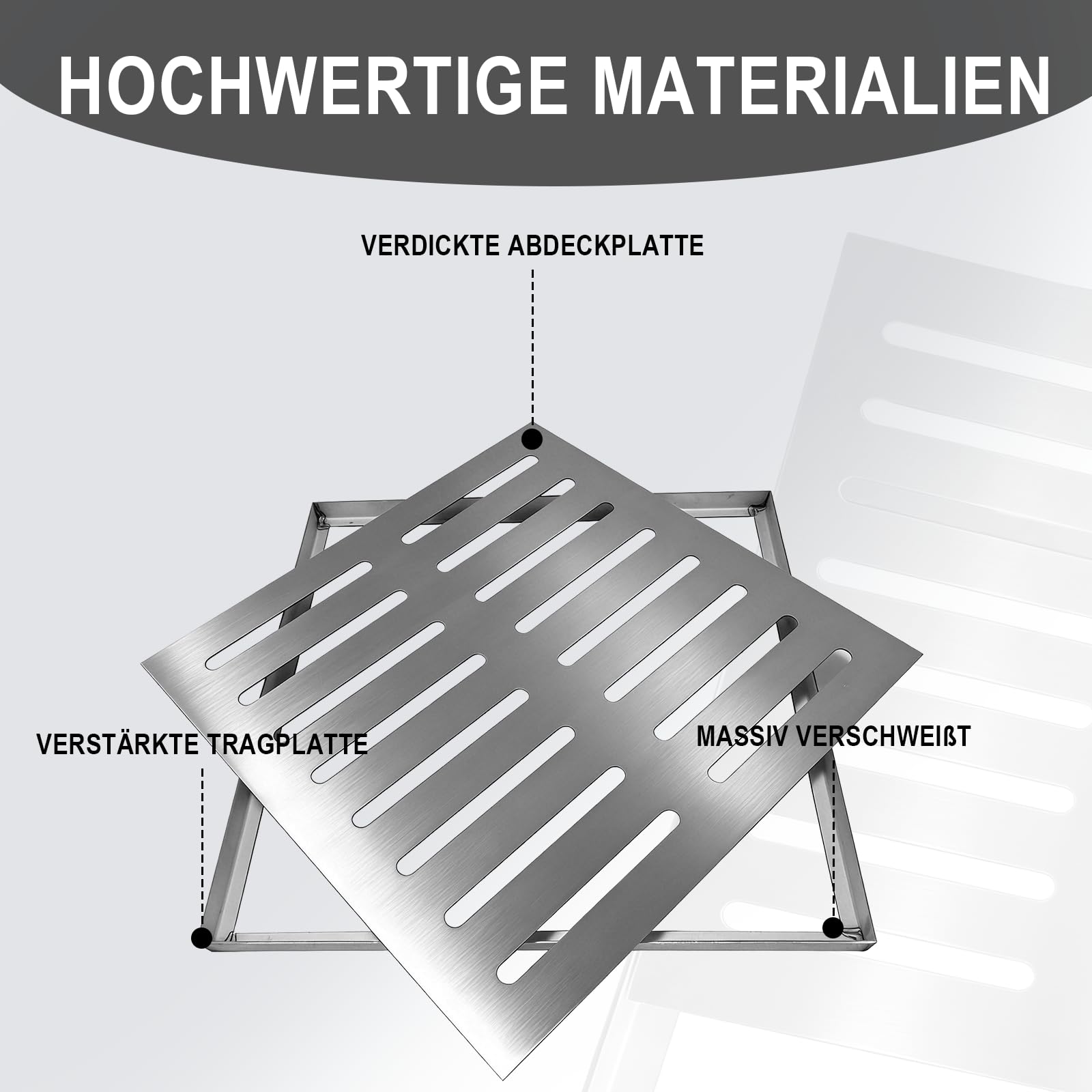 300 x 300 x 20 mm Quadratische Abflussabdeckung aus Edelstahl