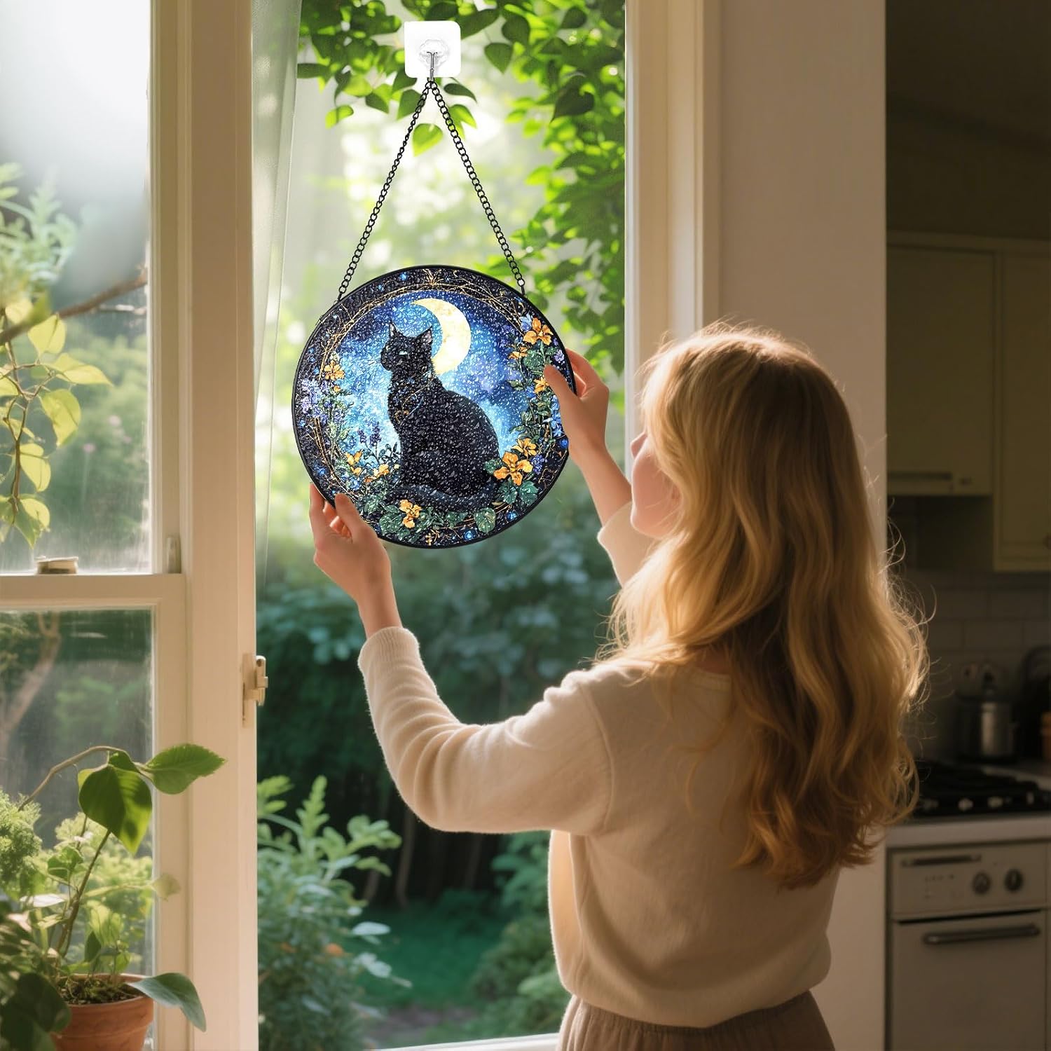 Cat Stained Glass Window Hanging, Black Cat Starry Night Suncatcher 7.8 in