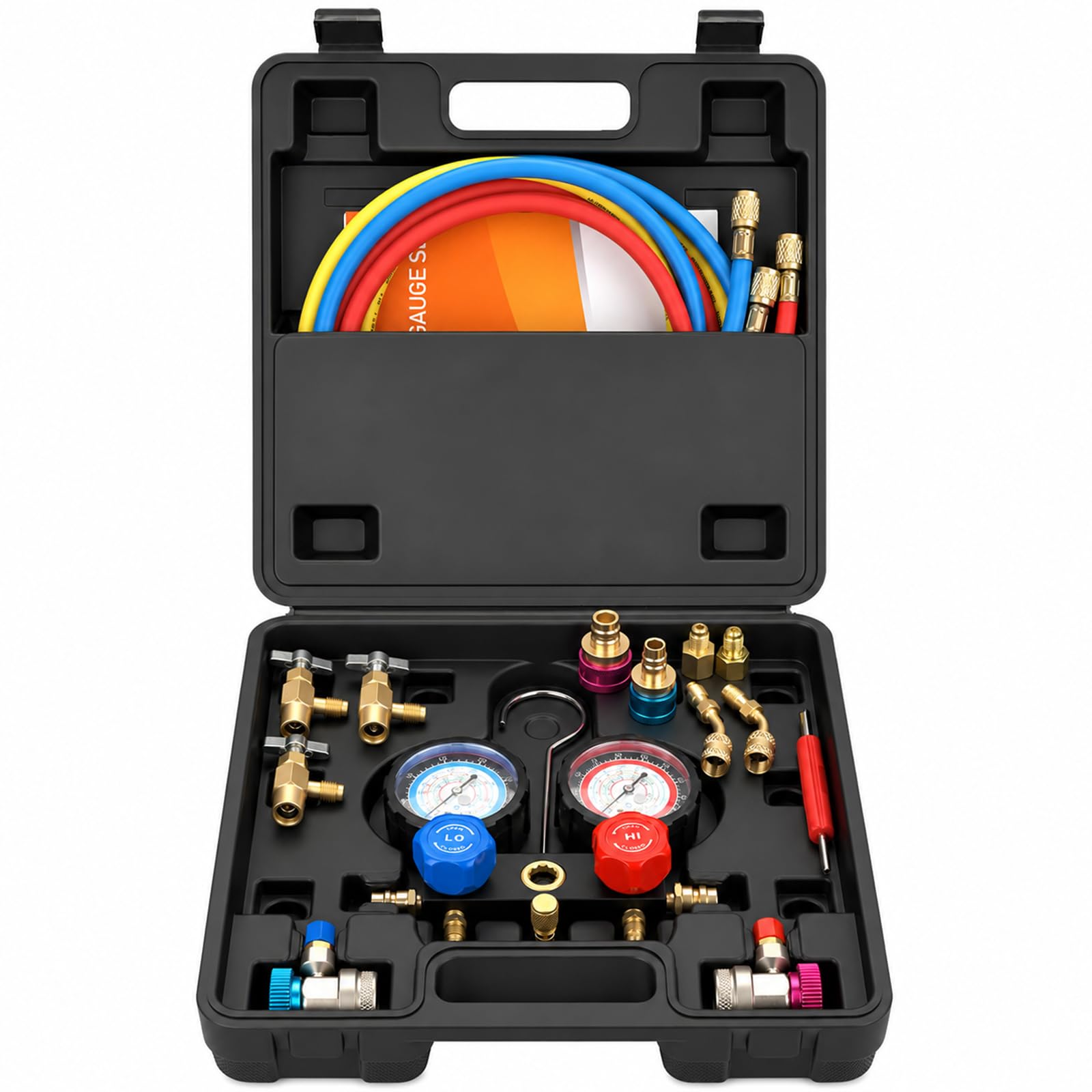 BACOENG Set Manometri Condizionatori, Kit Ricarica Aria Condizionata Auto con 1.5m Tubi per Auto Strumenti Diagnostici, Manifold Gauge Kit per R1234YF R32 R134A R410A Refrigerante