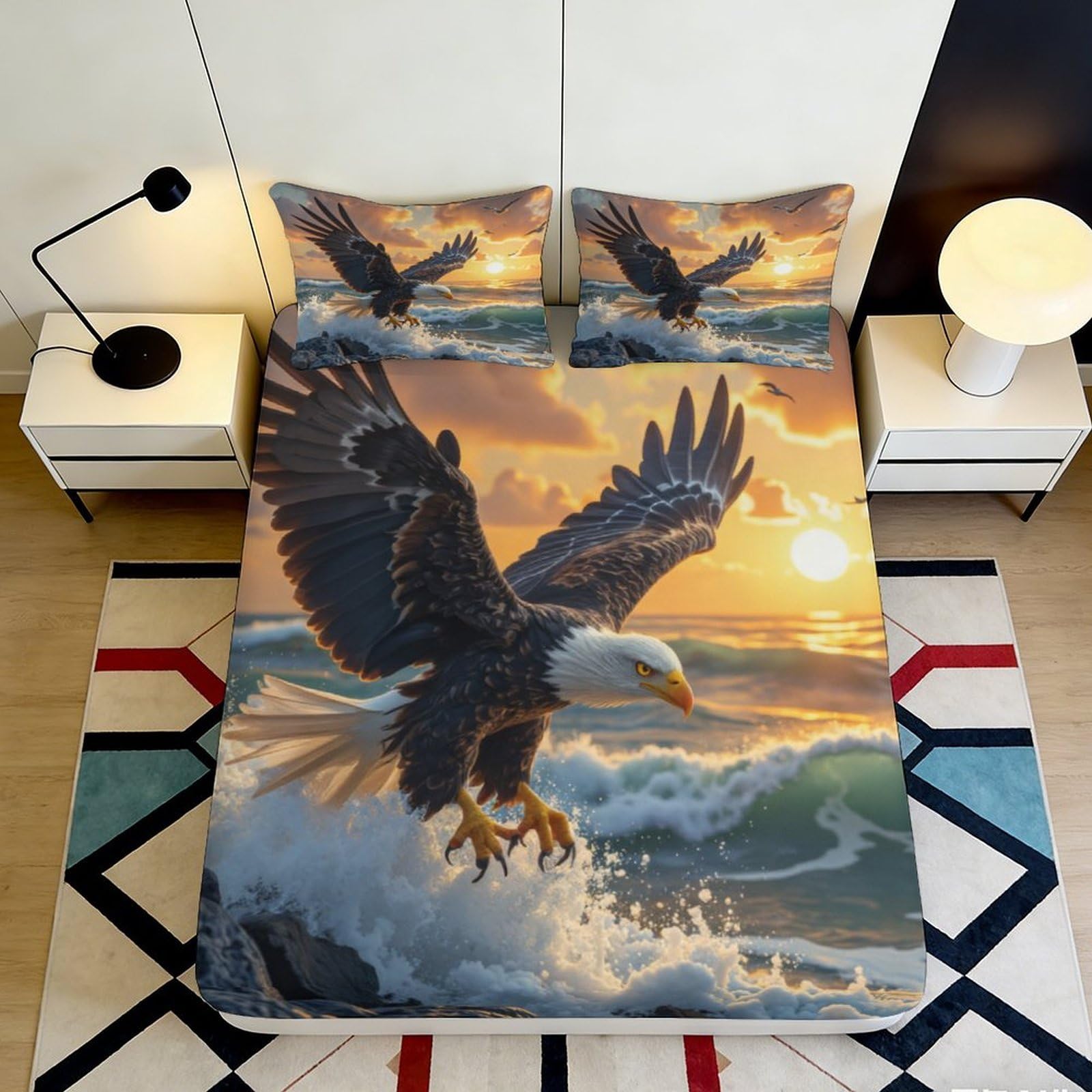 3D Printed Bald Eagle Sunset Fitted Sheet Microfiber Soft Breathable Ocean Wave Mattress Cover for Bedroom Decor 90x200x25cm