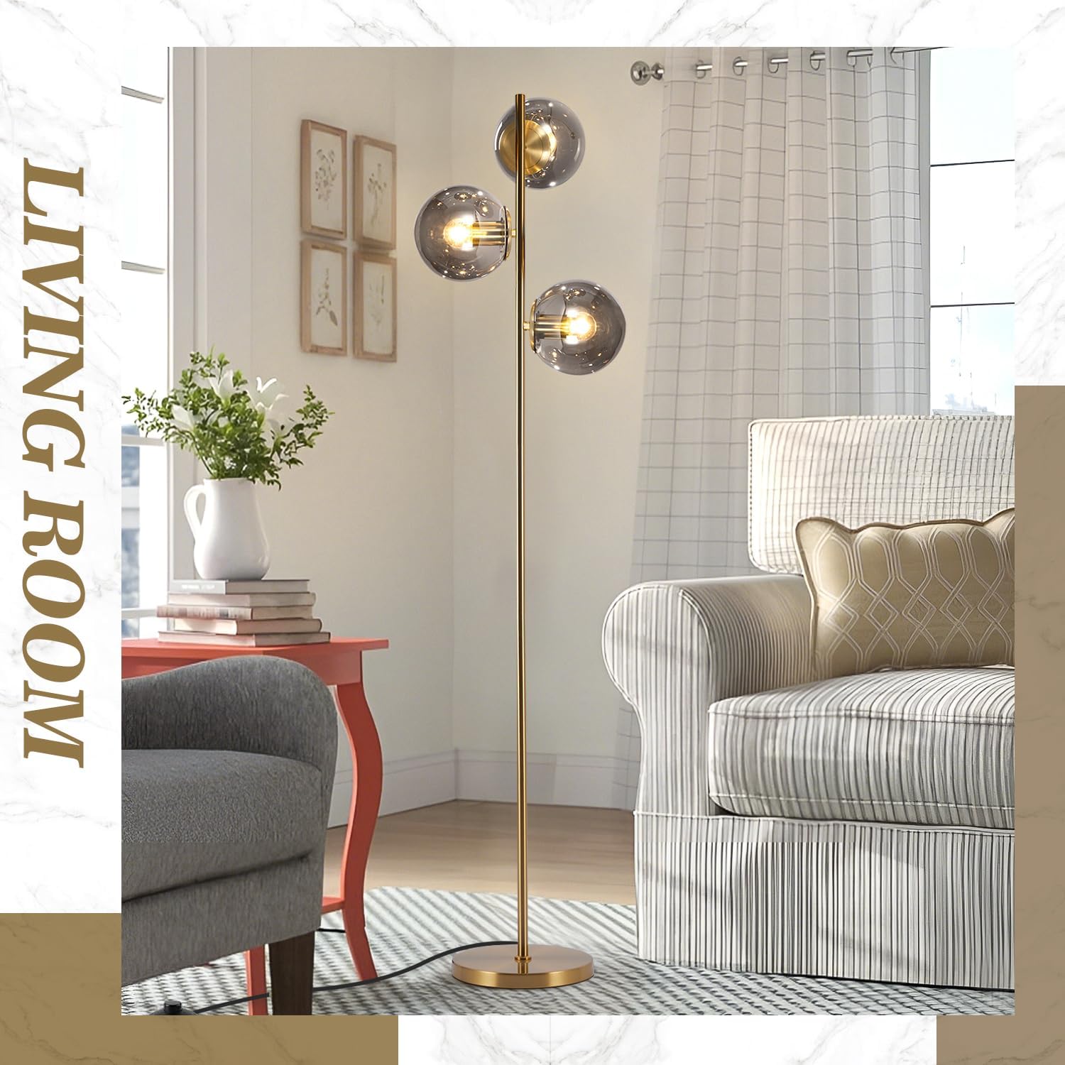 BOKT Mid Century Gold Floor Lamp Modern 3-Light Standing Lamp with Smokey Gary Glass Globe Shade Bright Floor Lamps Office Standing Pole Light for Living Room Bedroom Home Decor…
