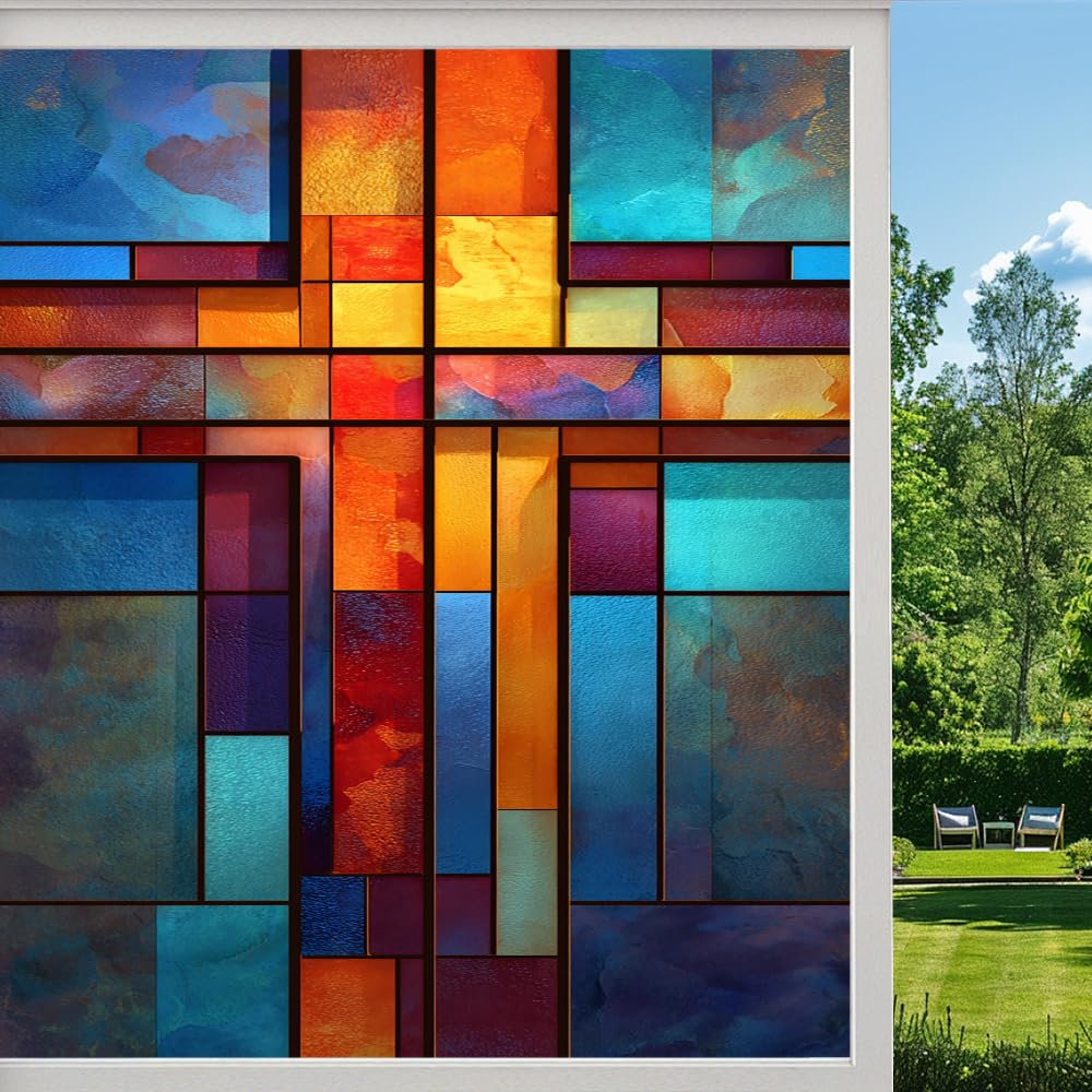 Pmlbaous Artistic Geometric Stained Glass Window Film, Modern Color Blocks Peel And Stick Privacy Film, Frosted Adhesive Vinyl Decorative For Bathroom Windows Glass Doors, （45X60cm）