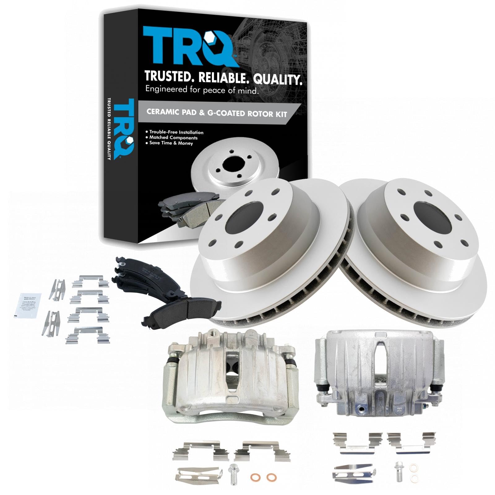 TRQ Rear Brake Pad &amp; Rotor Ceramic G Coated Vented Rotors Calipers