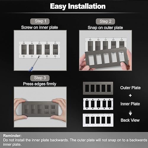 Vista 4 de BESTTEN Placa de pared de 5 bandas marrón mate sin tornillos, cubierta de salida para decoradores, Serie USWP8 de la Colección Signature, H4.69” x