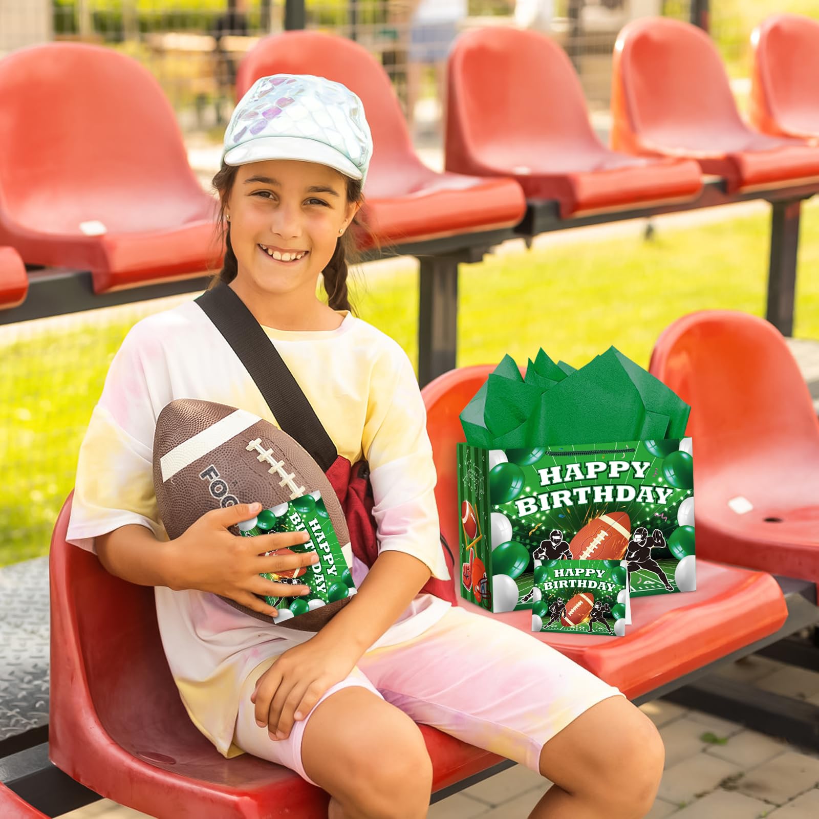 Hooqict Football Gift Bag Football Birthday Party Gift Wrapping Bag with Tissue Paper and Greeting Card for Boys Men Sport Birthday Football Bag Goodie Treat Party Favors