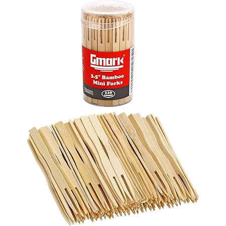 Gmark Bamboo Forks 3.5 Inch 110pc, Mini Food Picks/Bamboo Fruit Picks/Mini Cocktail Forks/Party Forks/Buffet Mini Forks/Two Prongs Cocktail Picks for Appetizer, Cocktail, Pastry, Dessert. GM1031A