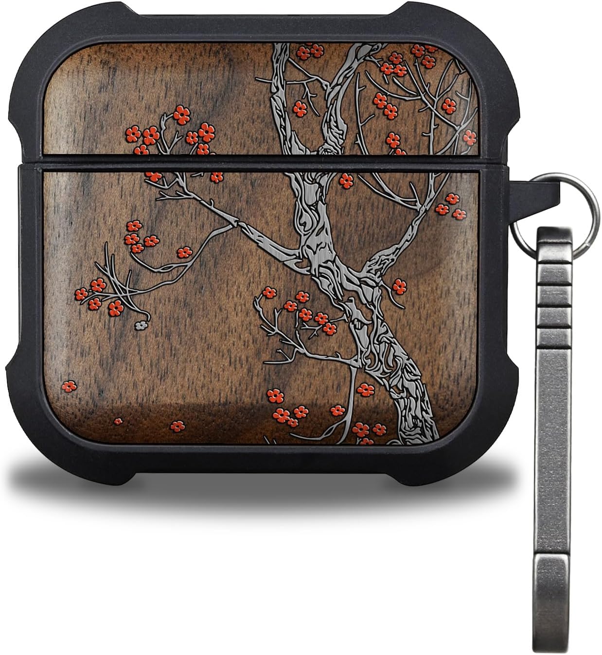 for AirPods 4 Case (2024) (USB-C), Shockproof Cover with Quick Released Keychain, Compatible with AirPods 4th Generation, Natural Wood Hand-Drawn (Crimson Bloom) Walnut
