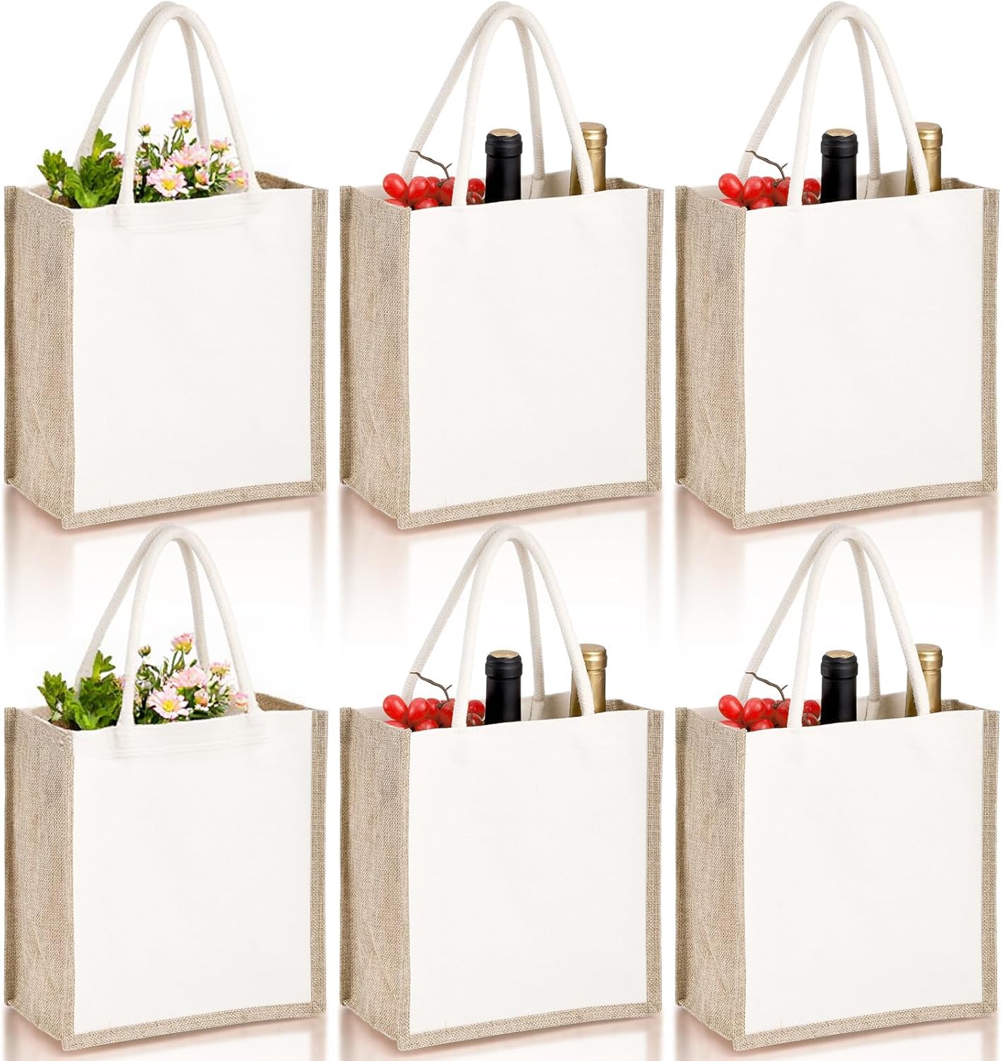 SOUJOY 6 Pack Burlap Tote Bags, 23×25cm Reusable Jute Gift Tote with Handles, Small Beach Bags, Canvas Grocery Shopping Tote for Thanksgiving, Christmas, Bridesmaid, DIY, Shopping, Pool, Wedding Bag