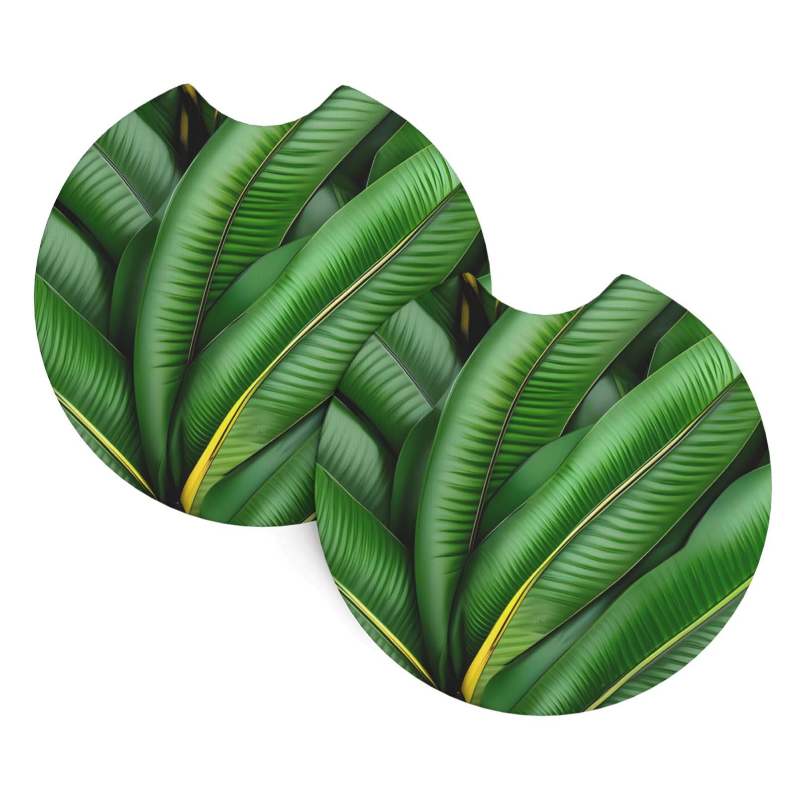 2 Pack Car Coaster for Cup Holders Banana Leaf Green Car Cup Coaster 2.7" Neoprene Non-Slip Automotive Cup Mat Universal Auto Car Interior Accessories for Women Men Cup Pad