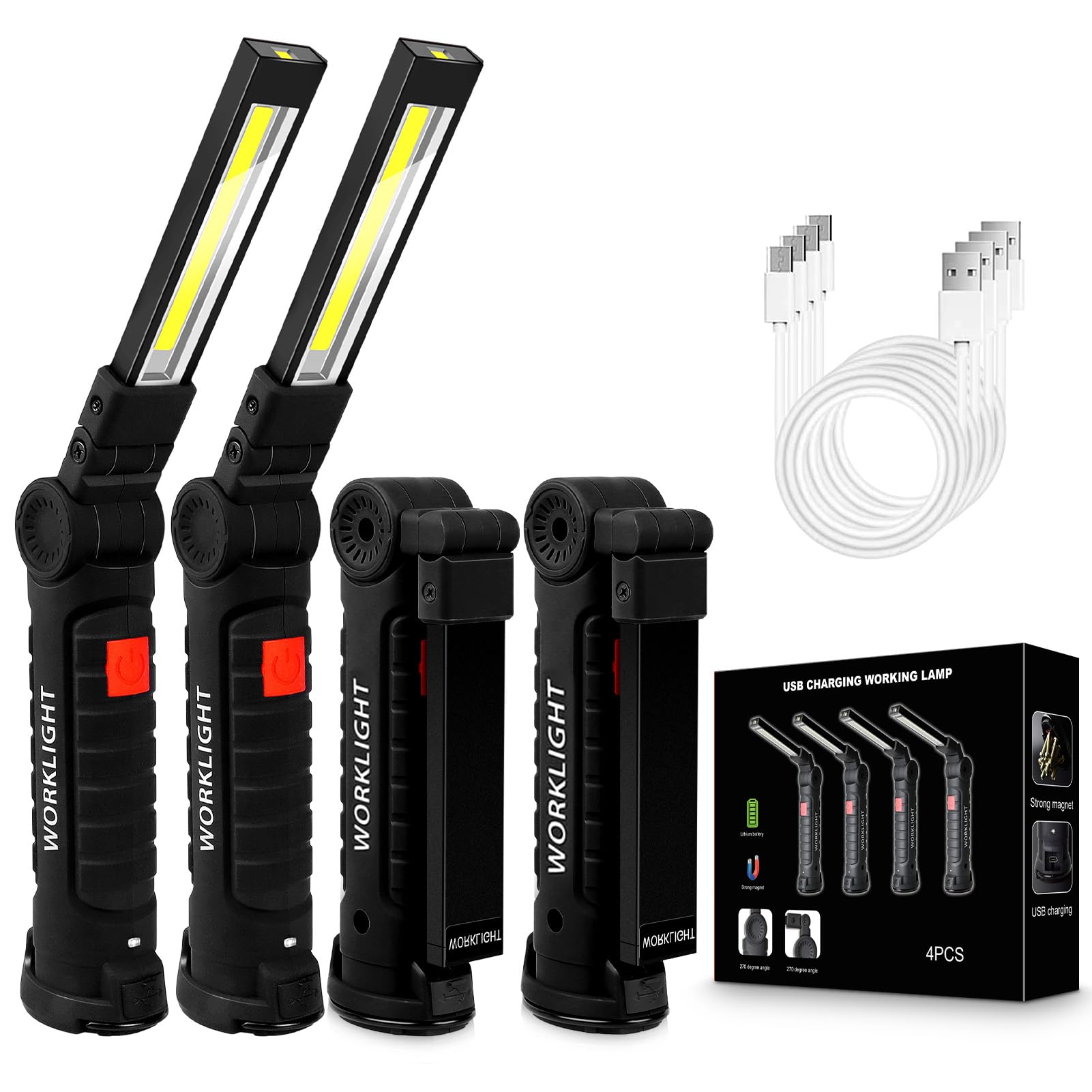 4 Pack LED Arbeitsleuchte USB Wiederaufladbare COB Licht mit Magnetfuß 360° Drehung und 5 Modi Faltbare Taschenlampe Inspektionslampe für Autoreparatur, Werkstatt, Heimnotfall Gebrauch Groß