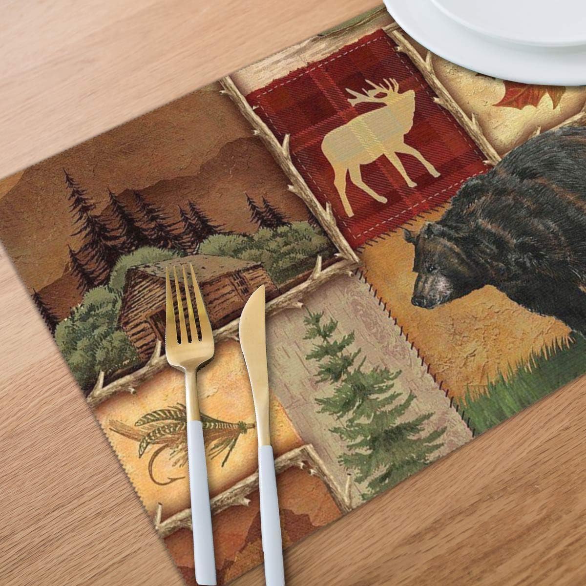 YukaBa Rustic Lodge Bear Moose Deer Table Mats Set of 6 Washable Heat Insulation Non-Slip Placemat for Dining Table Mats 12x18 Inch