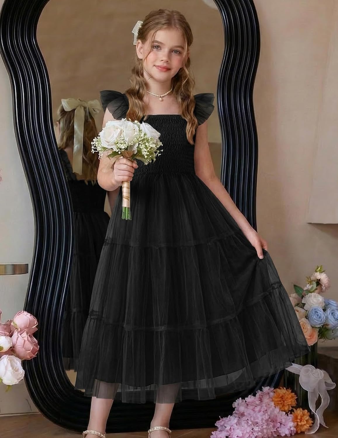 Arshiner Girls Dresses Ruffle Sleeve Elastic Straps A-Line Tulle Sundress image 4