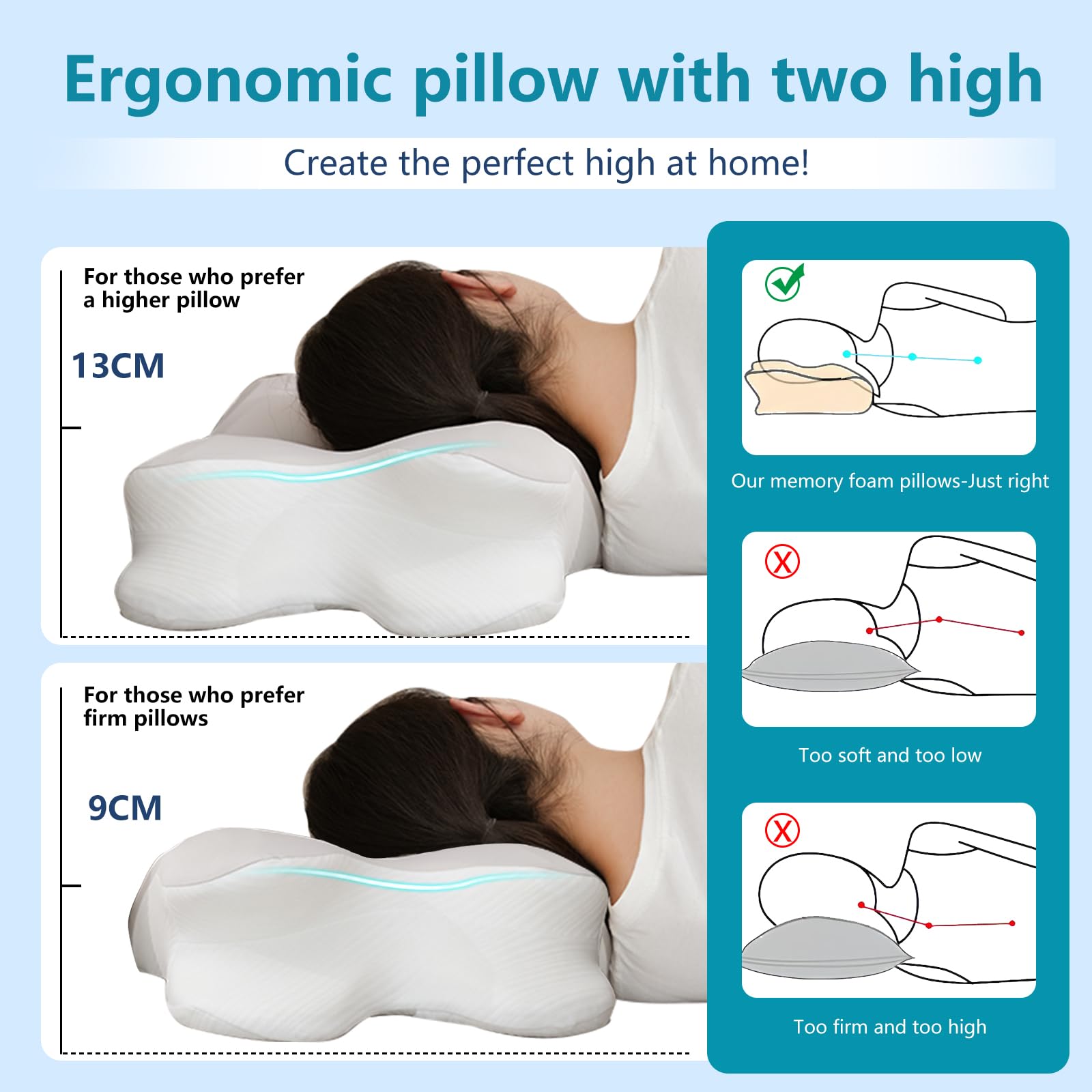 Nackenkissen Kopfkissen,Memory Foam Kissen, Nackenstützkissen,60x41x9/13cm | Ergonomisches Seitenschläferkissen Orthopädisches Kissen für Seiten, Rücken & Bauchschläfer