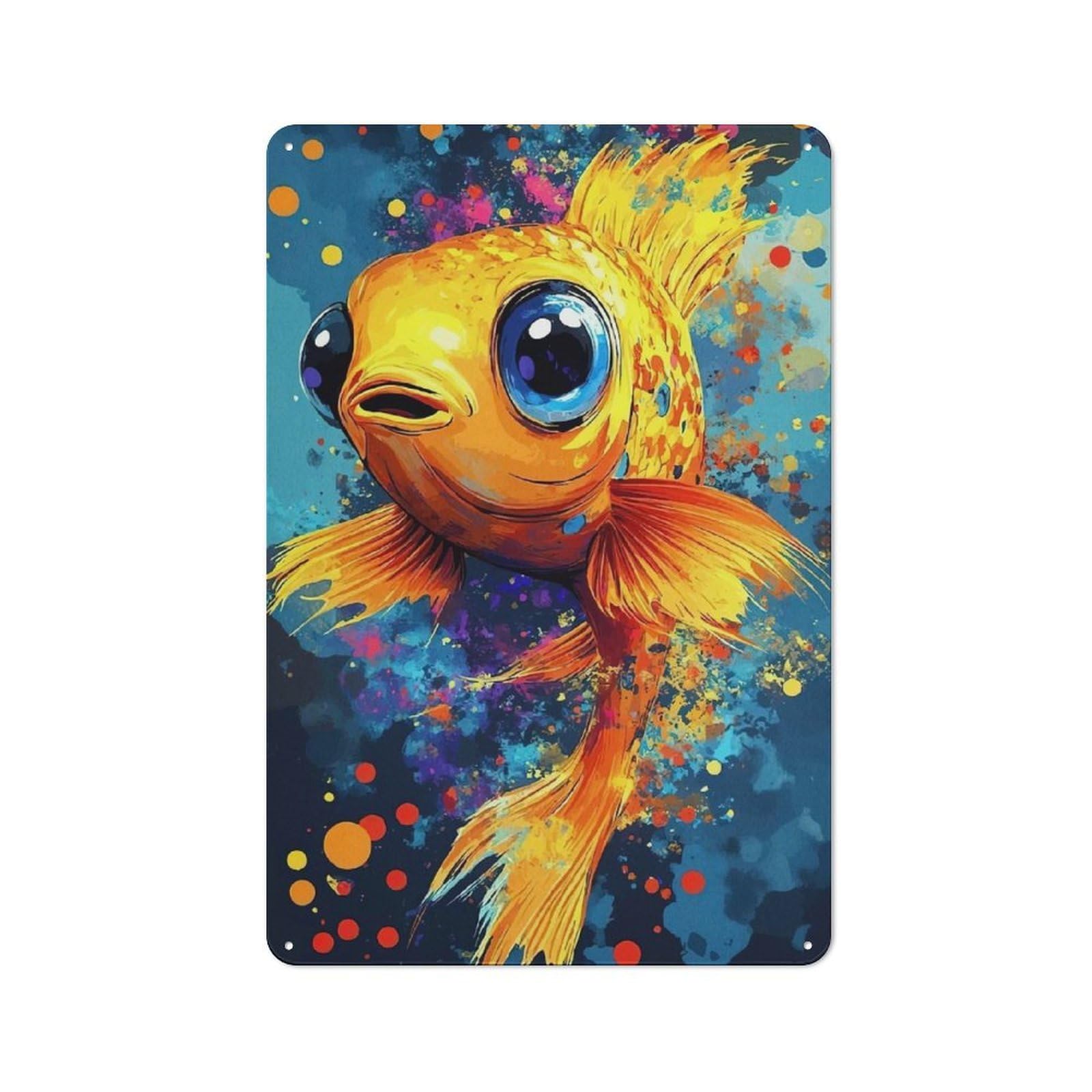 Junmoney Goldfish Big Eyes Retro Metal Sign With Design 30X20cm, Nostalgic Vintage Wall Decor For Kitchen, Hallway, Bar Or Small Cafe