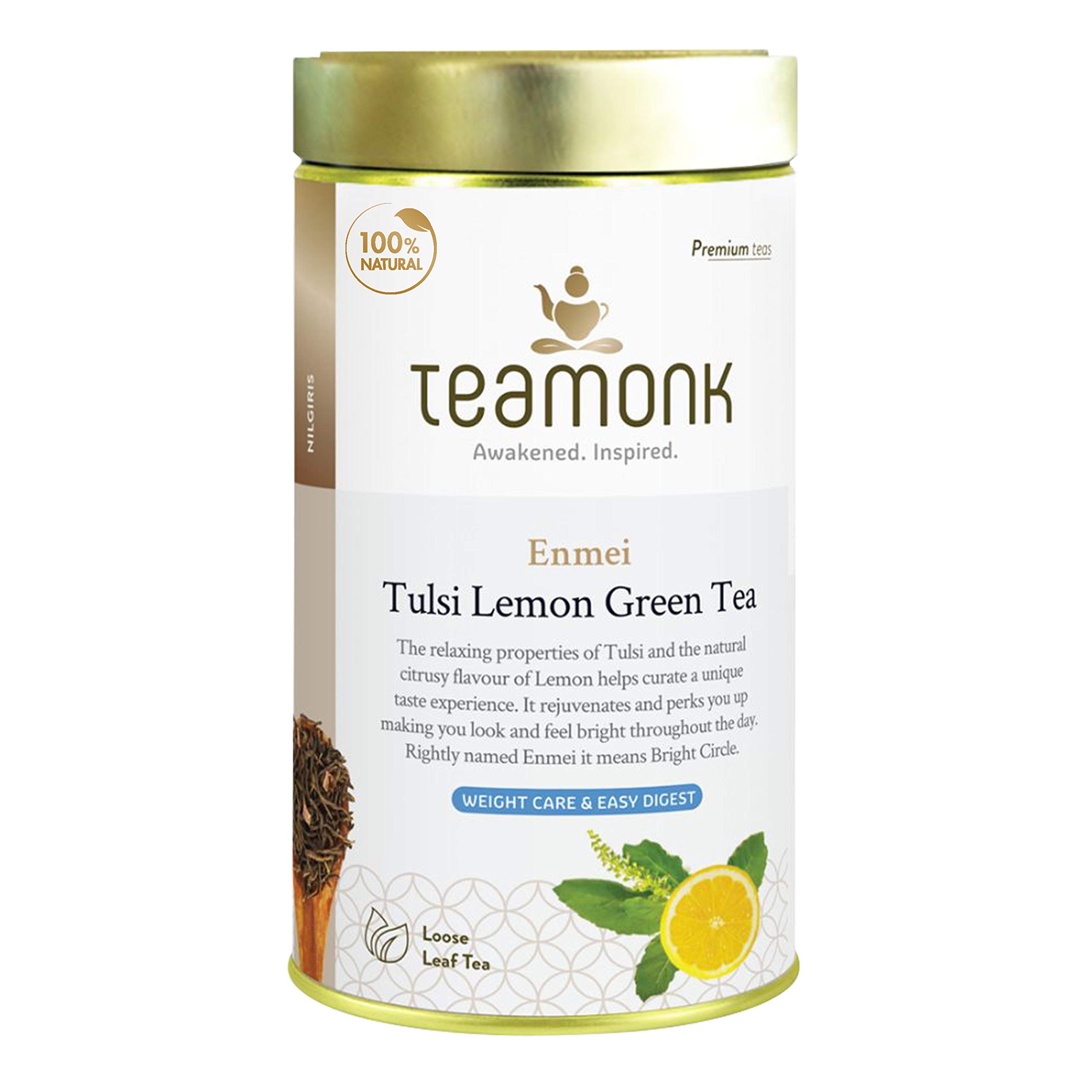 Teamonk Enmei High Mountain Tulsi Lemon Green Tea Loose Leaf (62 Cups) - 125 gm Bag. Helps Detox and Weight Loss.
