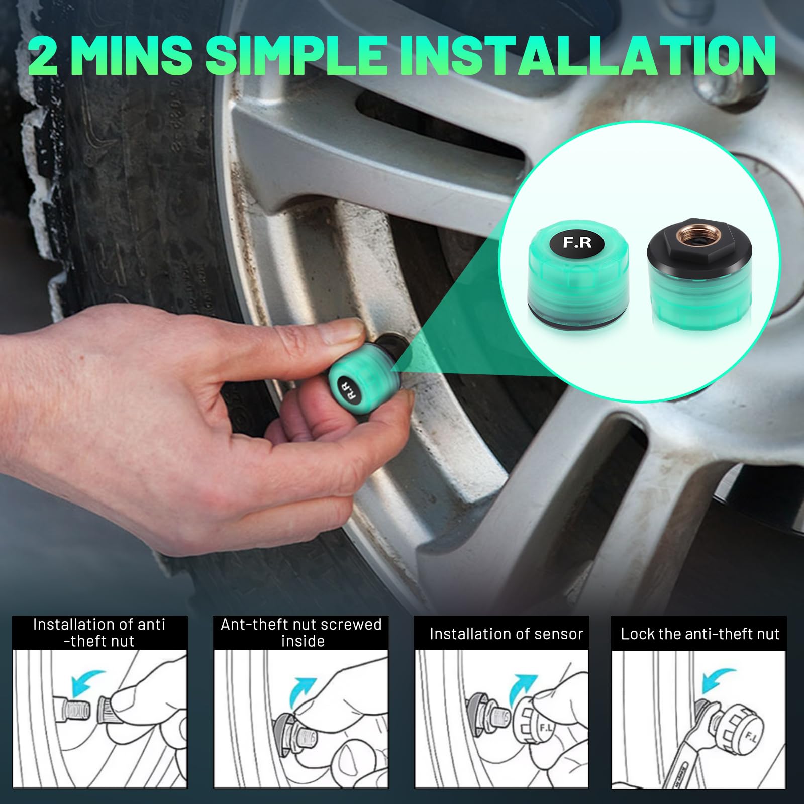 TPMS Sistema di controllo della pressione dei pneumatici 6 Bar, monitor della pressione dei pneumatici solare con sistema di allarme con 4 sensori illuminati per camion e camper